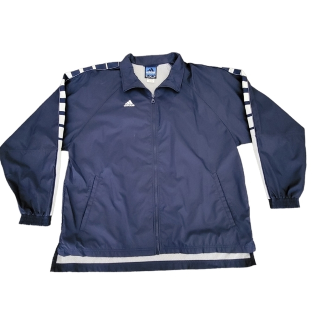 Vintage Men's Adidas Windbreaker Zippered Long Sleeves Jacket in Navy Blue